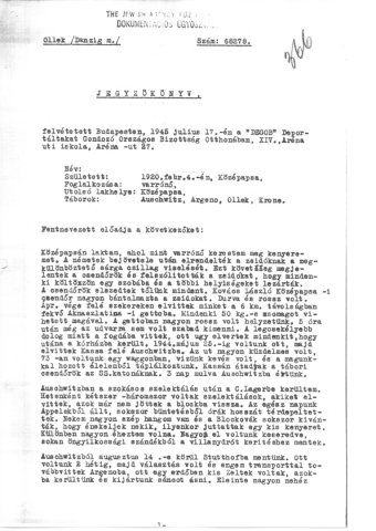 Részlet a Deportáltakat Gondozó Országos Bizottság által felvett jegyzőkönyvekből (Forrás: DEGOB-jegyzőkönyvek: 366, MZSL)
